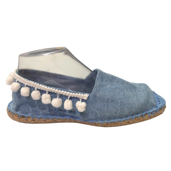 DOPPIO Italy Womens Flats 8 Blue Crochet Denim Cream Pom Pom Espadrilles Slip On - Picture 2 of 10